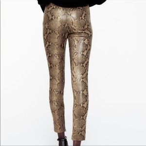 ZARA Snake Print High Rise Leggings Tan and Dark Brown Zip Side Closure Size S